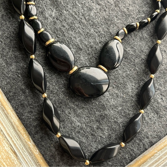Napier Vintage Black & Gold Beaded Necklaces-18”, 25”- and Clip On Earrings - Picture 3 of 8